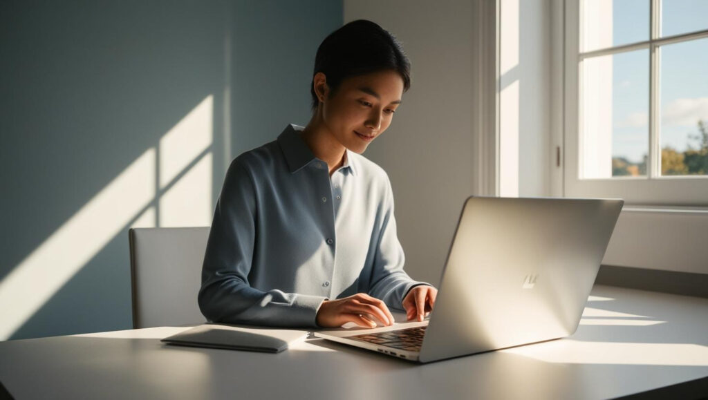 A student writing a narrative essay on a laptop computer