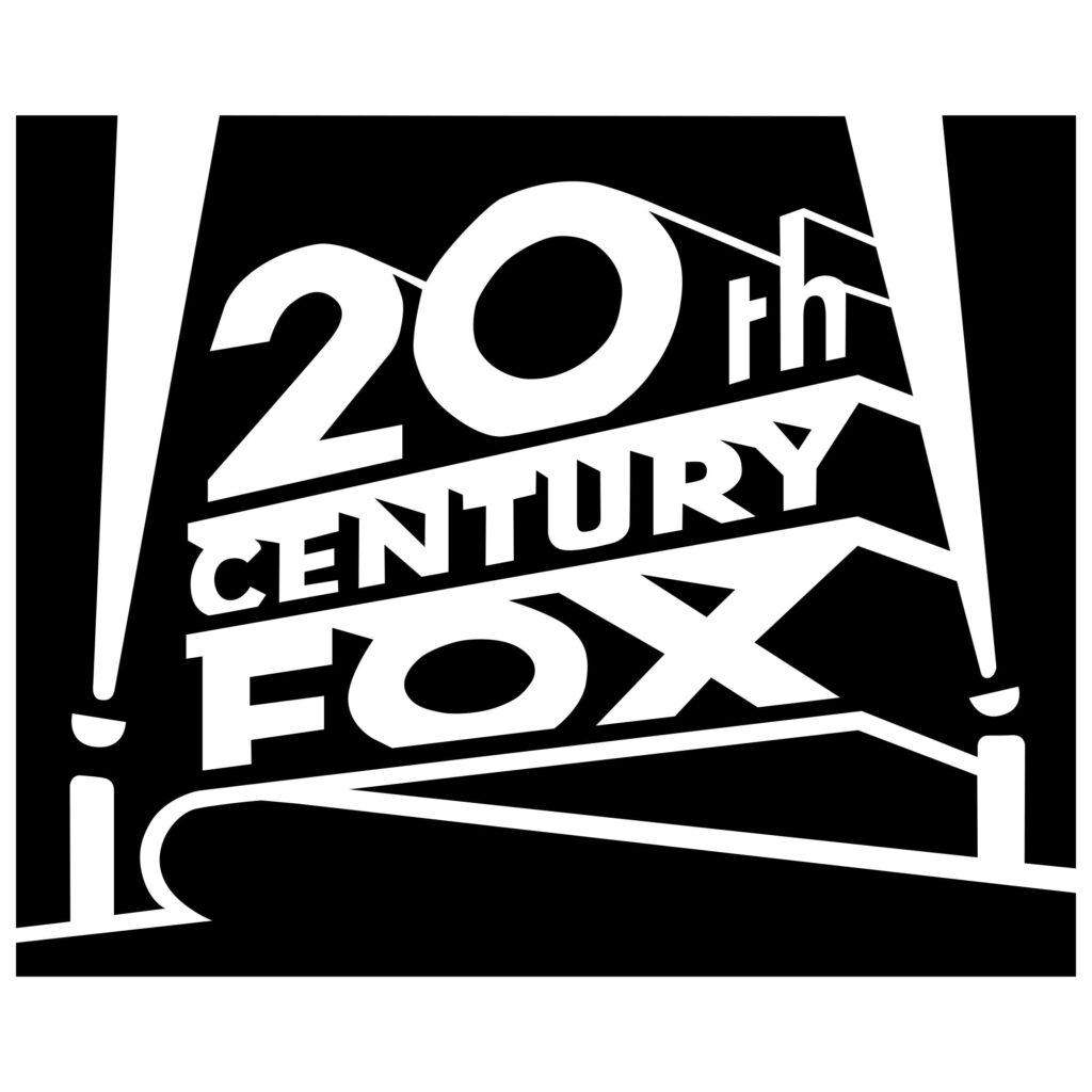 Movie company logos: 20th Century Fox. Towering gold text illuminated by spotlights.