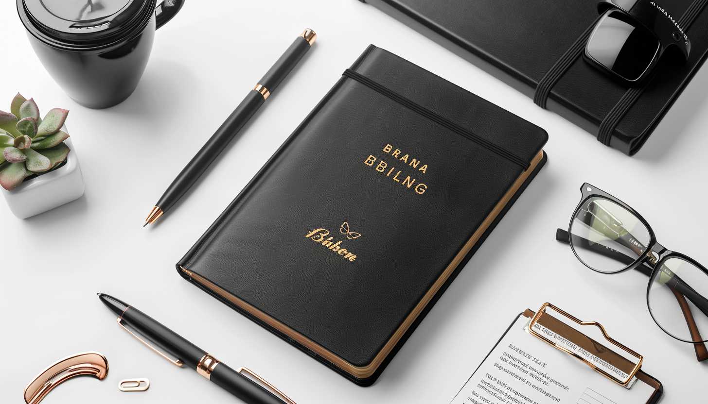 An open handbook titled 'Brand Bible' surrounded by sleek office supplies on a clean white background, representing professional branding.