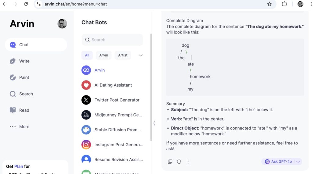 The results of sentence mapping with Arvin AI 