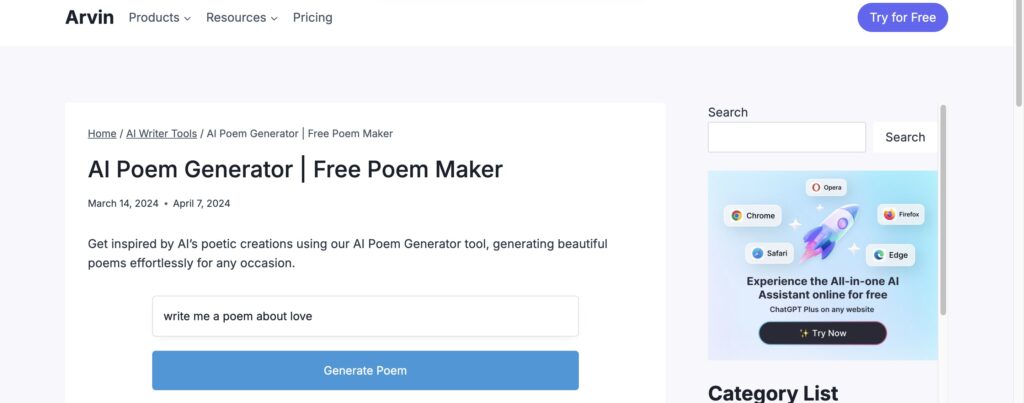 Arvin AI's Poem Generator Tool