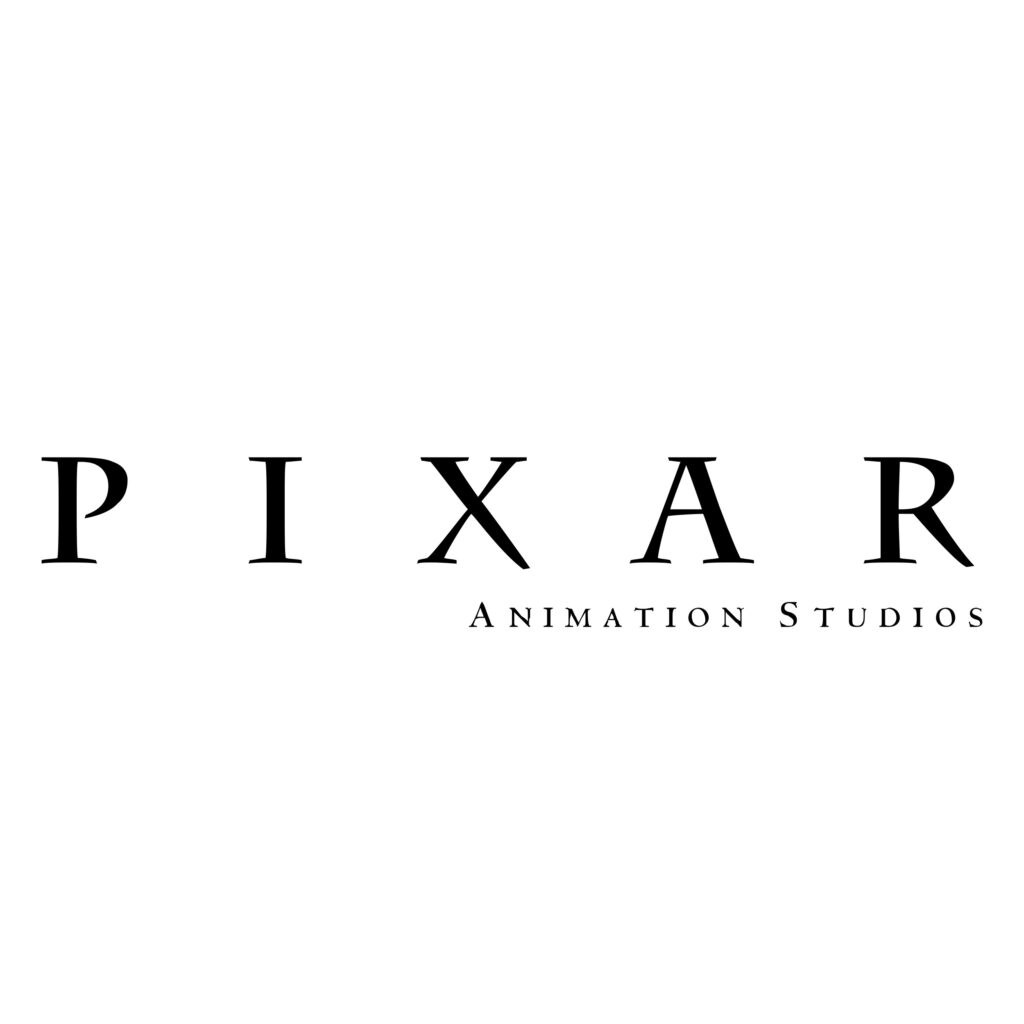 Movie company logos:  Pixar Animation Studios: The word “Pixar” in clean, modern typography, often animated with the hopping desk lamp (Luxo Jr.) replacing the "I."