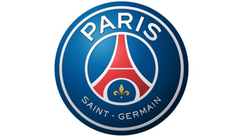 Paris Saint-Germain crest featuring the Eiffel Tower in red and a fleur-de-lis in gold, set against a blue circular background.