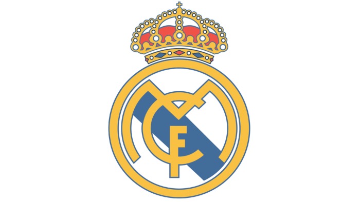 Real Madrid crest with a golden crown atop an interlocking 'M,' 'C,' and 'F' monogram, set on a white and blue circular background.