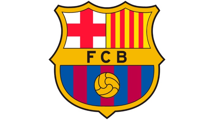 FC Barcelona crest featuring the St. George’s cross, Catalan stripes, and a blue and garnet shield with a football.