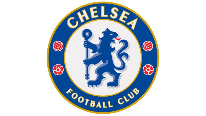 Chelsea Football Club crest featuring a blue lion holding a staff, surrounded by red roses and footballs.