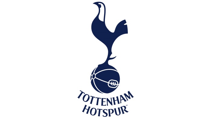 Tottenham Hotspur Football Club logo featuring a cockerel standing on a football, with modern blue typography.