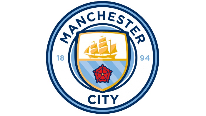 Manchester City crest featuring a golden ship, red rose of Lancashire, and the founding year 1894 inside a circular frame.