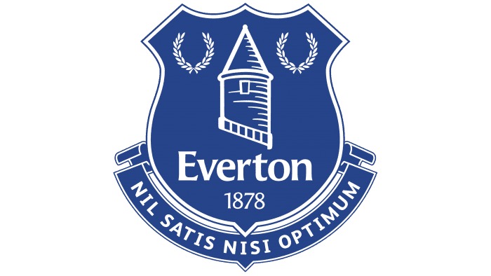 Everton Football Club crest featuring a blue shield with Prince Rupert’s Tower, laurel wreaths, and the motto 'Nil Satis Nisi Optimum.'