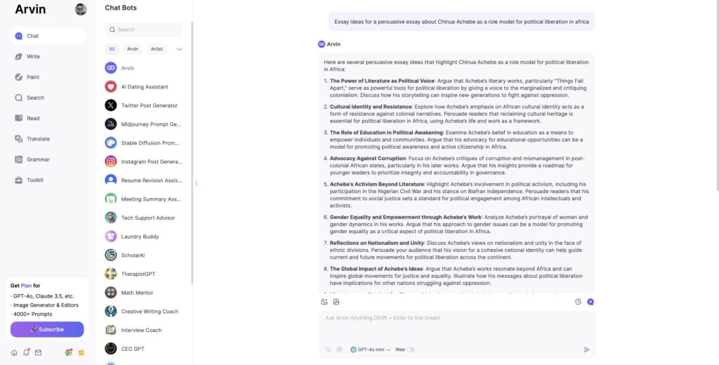 Arvin AI's results when prompted to help with a persuasive essay