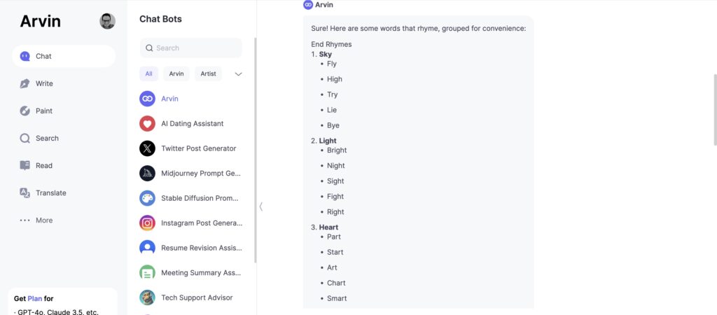 Arvin AI providing rhyming words for a poem