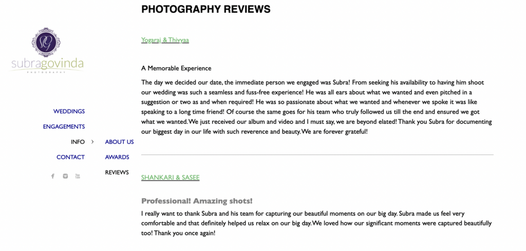 Subragovinda Photography review page showcasing client testimonials and experiences, highlighting wedding photography.