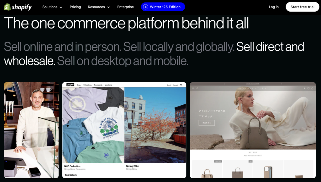 Shopify homepage promoting its platform for online and in-person sales, featuring global selling and mobile-friendly designs.