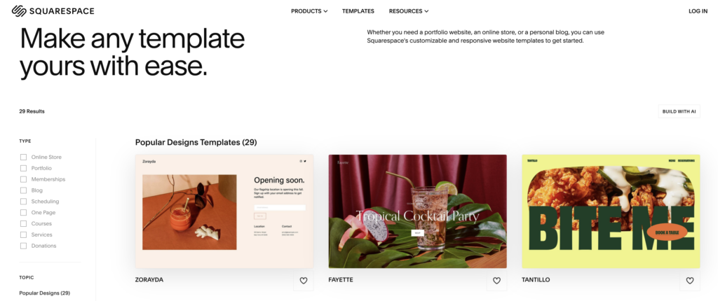 Squarespace website template gallery showcasing customizable and responsive designs for various website types, including blogs, portfolios, and stores.