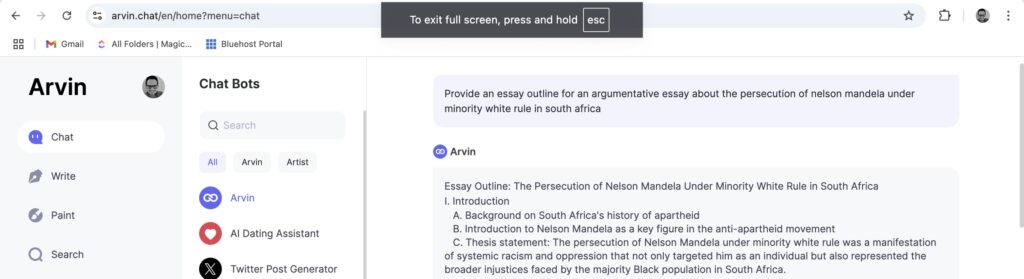 Using Arvin AI to create an essay outline