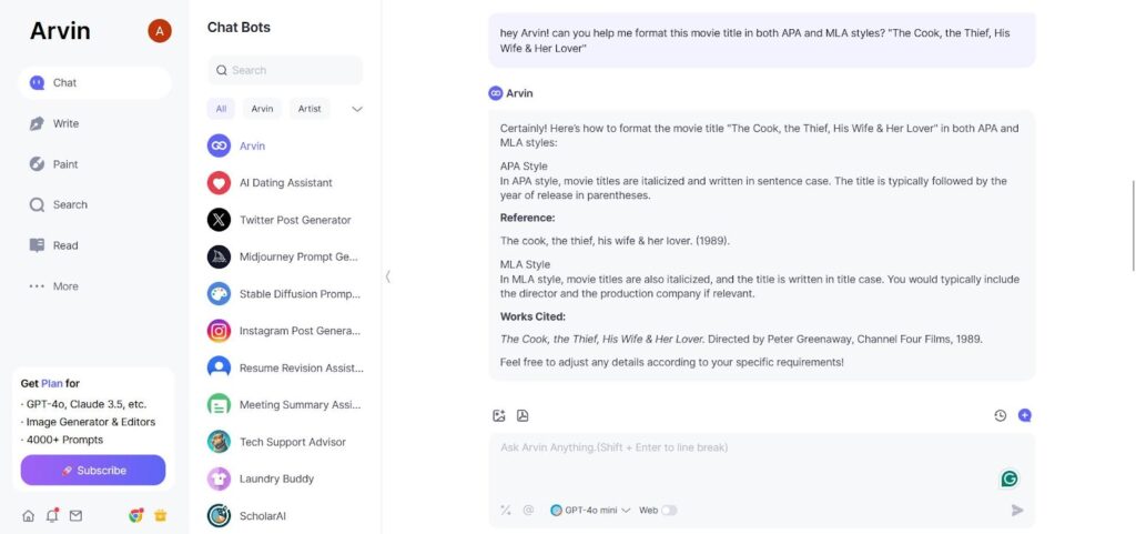 arvin ai assisting in how to write a book title in an essay