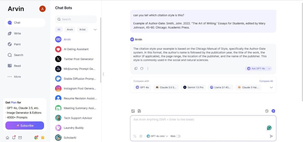 arvin ai assisting in how to cite an essay