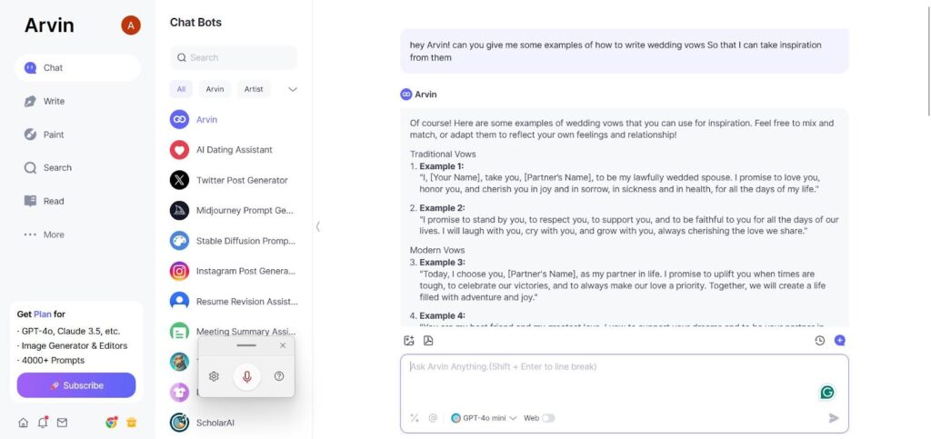 Arvin AI assisting in How To Write Wedding Vows That Feel Like You