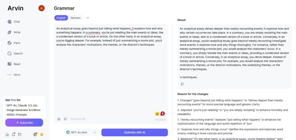 Arvin AI assisting in How To Write An Analytical Essay