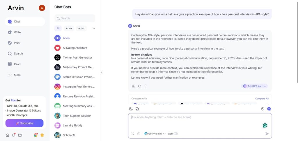 Arvin ai assisting in how to cite a personal interview 
