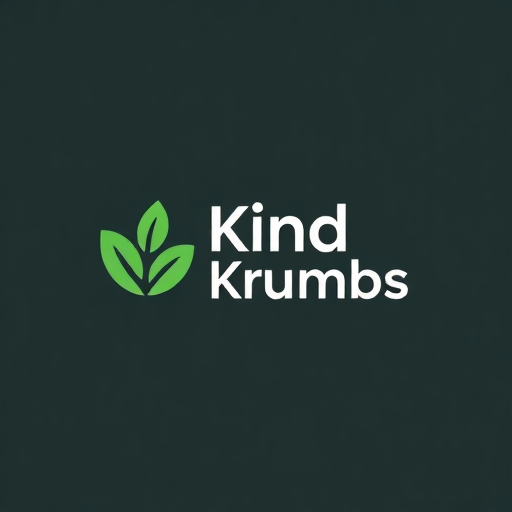 Modern minimalist logo for Kind Krumbs with a green leaf symbol and bold typography, highlighting sustainability and kindness.