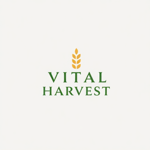 Vital Harvest logo featuring a golden wheat stalk and green typography, symbolizing sustainability and growth.