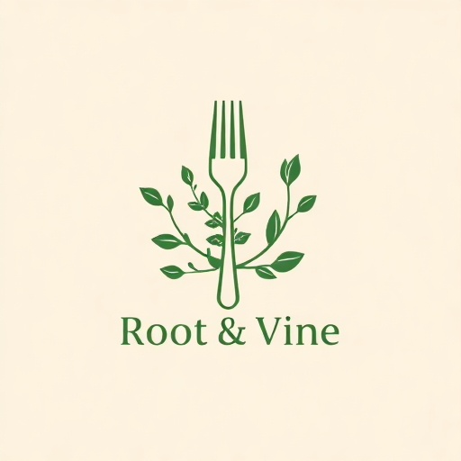 Root & Vine logo with a fork intertwined with green leaves, symbolizing sustainability, nature, and culinary creativity. Modern logos.