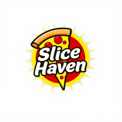 Slice Haven logo with a pizza slice and sunburst design, symbolizing warmth, fun, and delicious food. Modern logos.