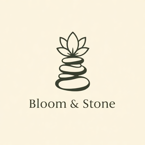 Bloom & Stone logo with stacked stones and a blooming flower, symbolizing balance, serenity, and natural beauty. Modern logos.