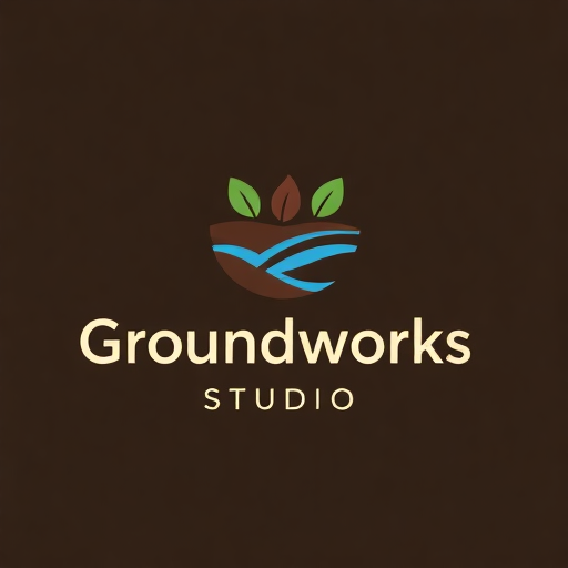 Groundworks Studio modern logos with leaves, soil, and flowing blue lines symbolizing nature, growth, and sustainability.