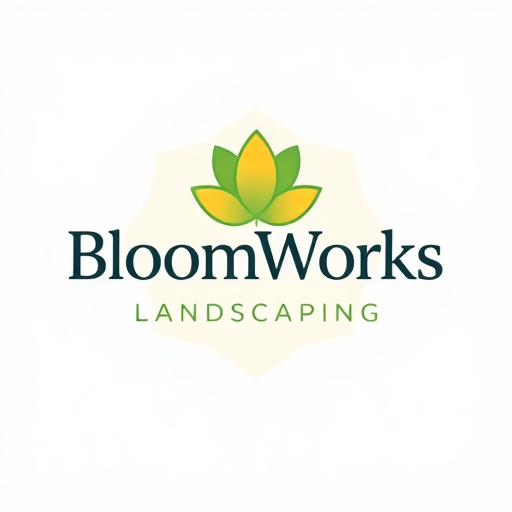 BloomWorks Landscaping modern logos featuring a blooming flower and soft green hues, symbolizing growth and harmony.