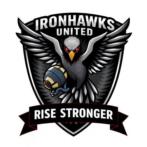 Ironhawks United football team logo featuring a black hawk with wings spread wide, holding a metallic football, and the tagline 'Rise Stronger' on a ribbon.