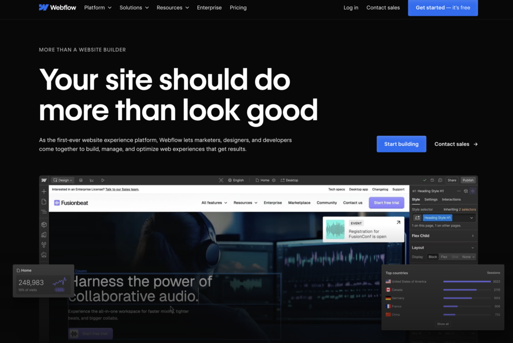 Webflow homepage showcasing a website experience platform for marketers, designers, and developers with advanced customization and management tools.