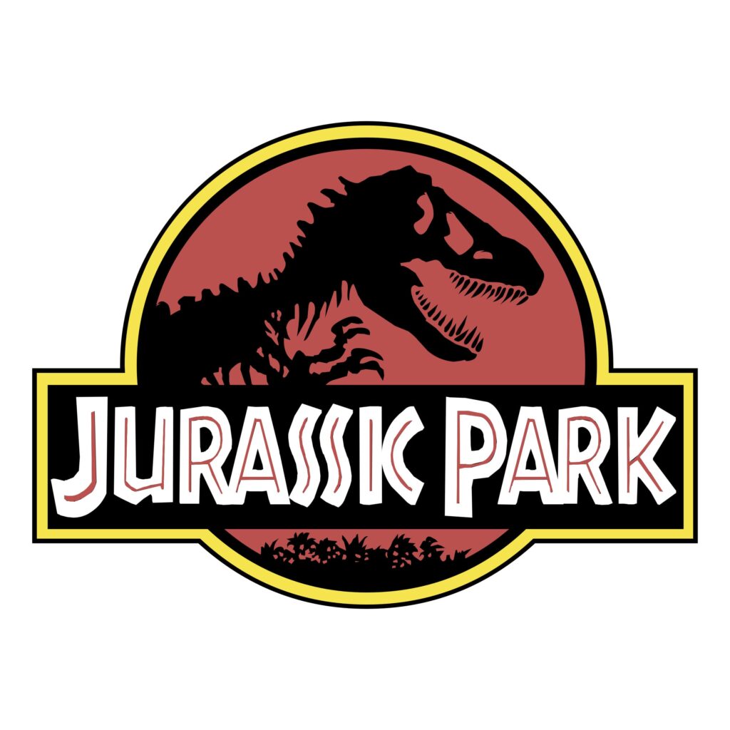 Movie company logos: Jurassic Park Logo - A dinosaur skeleton encased in a red circle.