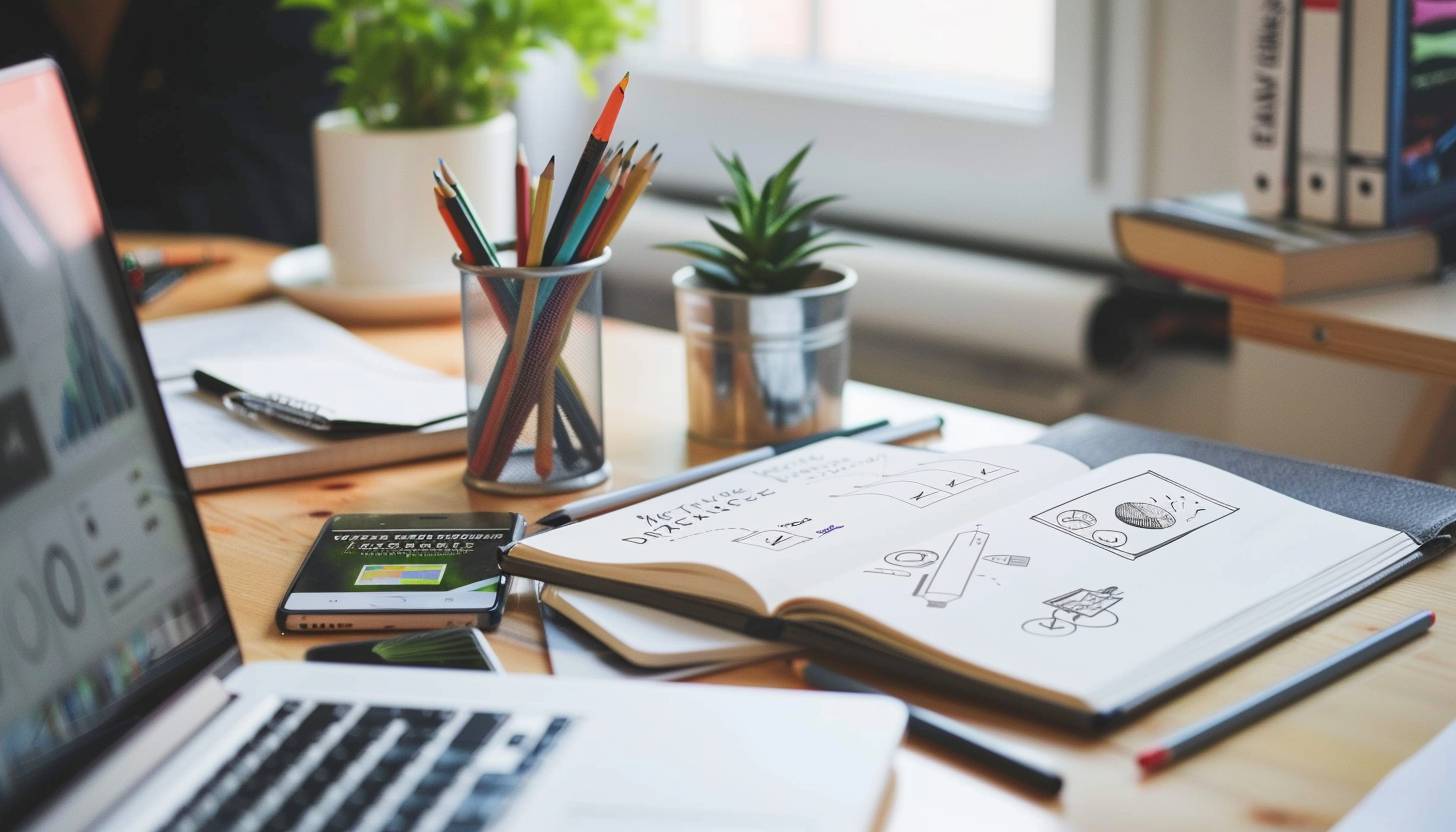 A well-lit, organized workspace featuring a sketchbook with anime logo design drafts, surrounded by pencils and a laptop, symbolizing creativity and branding.