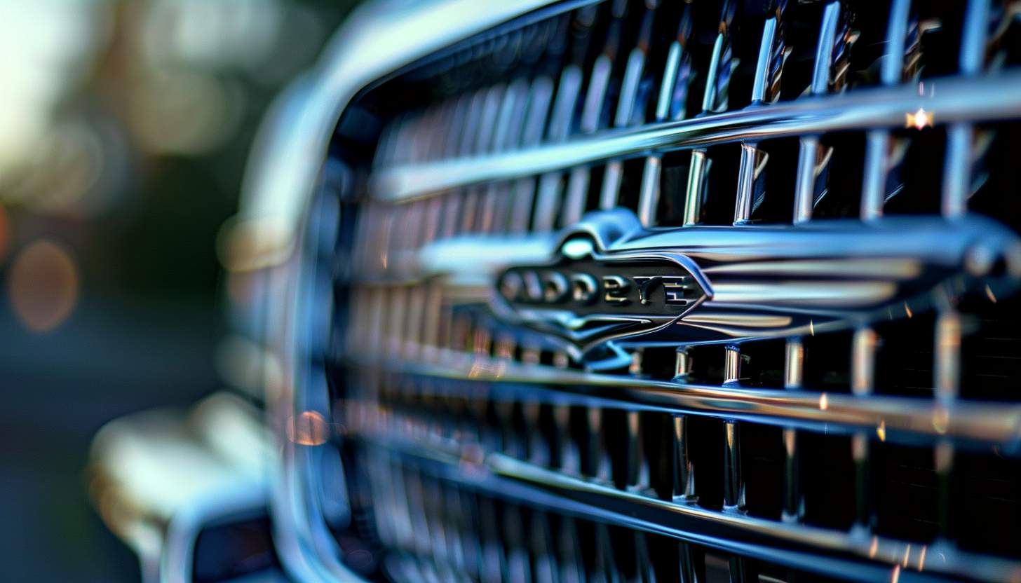 Close-up of the Chrysler logo on a modern car grille, highlighting its design details with a sharp focus and blurred background for elegance.