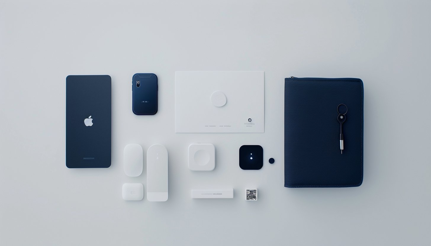 Four distinct logo variations displayed on branding materials including a business card, social media mock-up, letterhead, and keychain, against a white minimalist background.