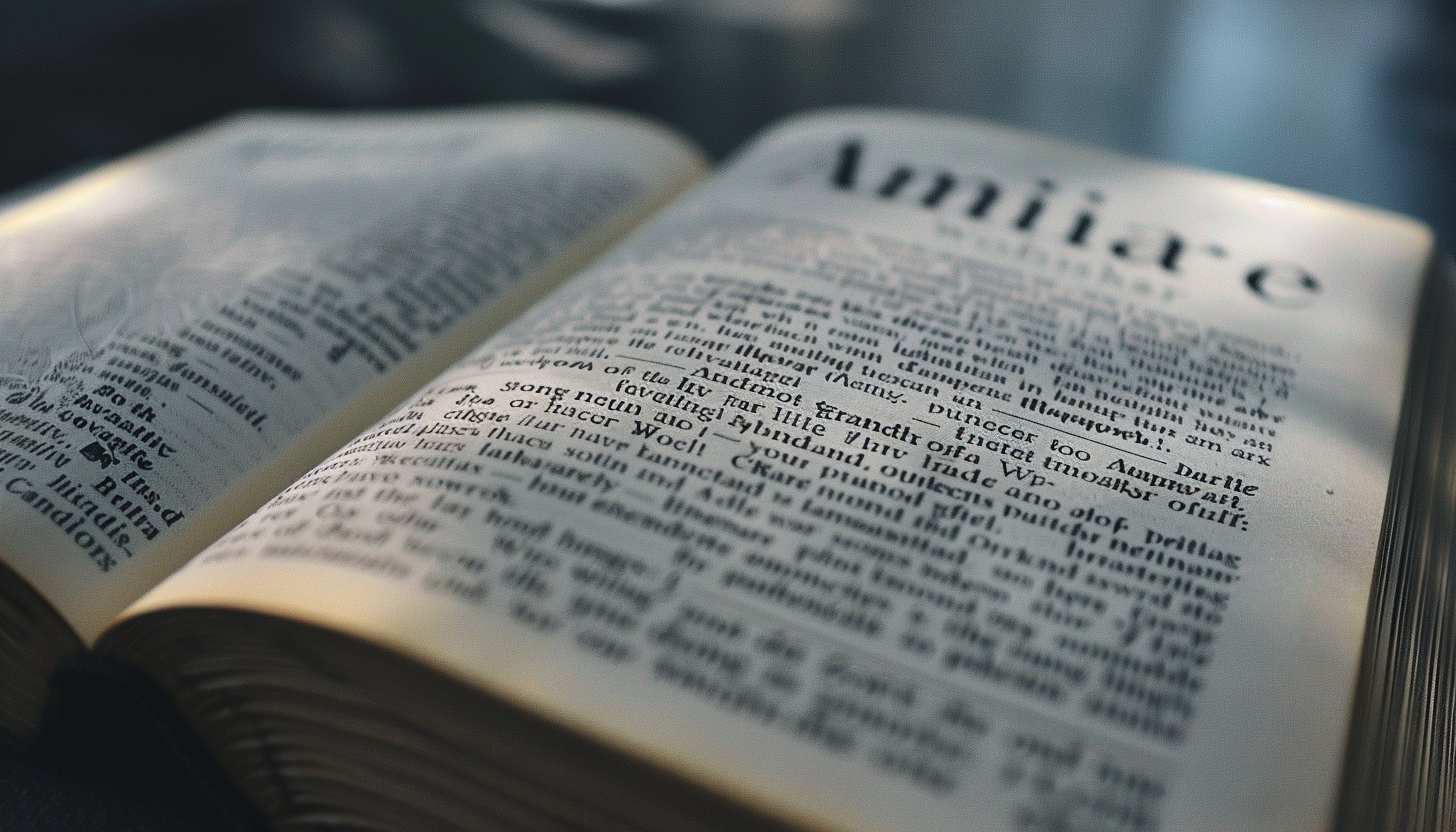 Open dictionary with 'Amiable' and 'Amicable' highlighted, emphasizing the difference in meaning between the two terms.