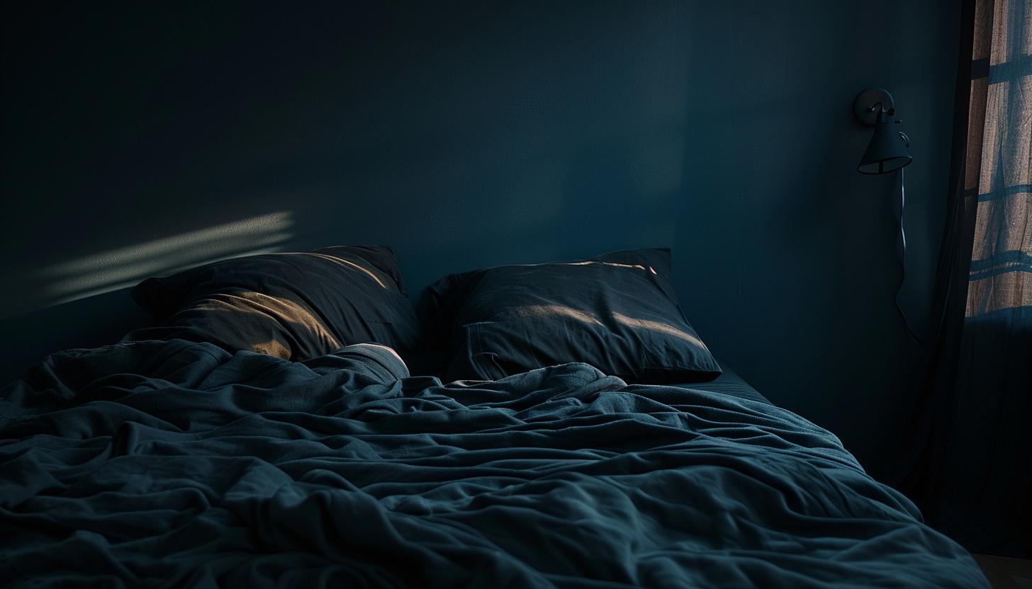 A cozy bedroom with black sheets and pillow, dim lighting creating a relaxing and sophisticated ambiance, symbolizing mystery and elegance.