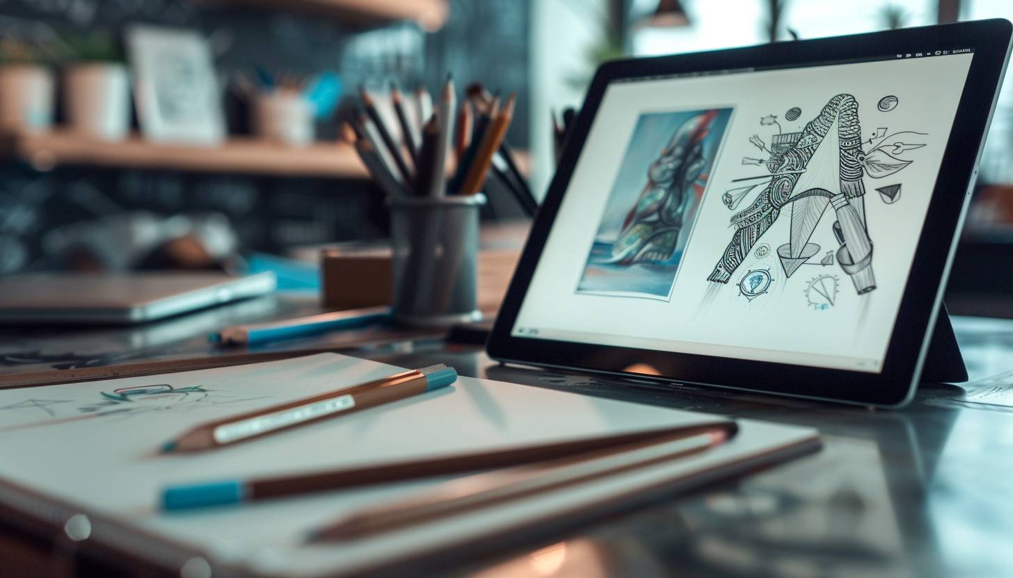 A well-lit minimalist workspace with a sketchpad, pencils, and an artist's tablet displaying a tattoo design, highlighting creativity and precision.