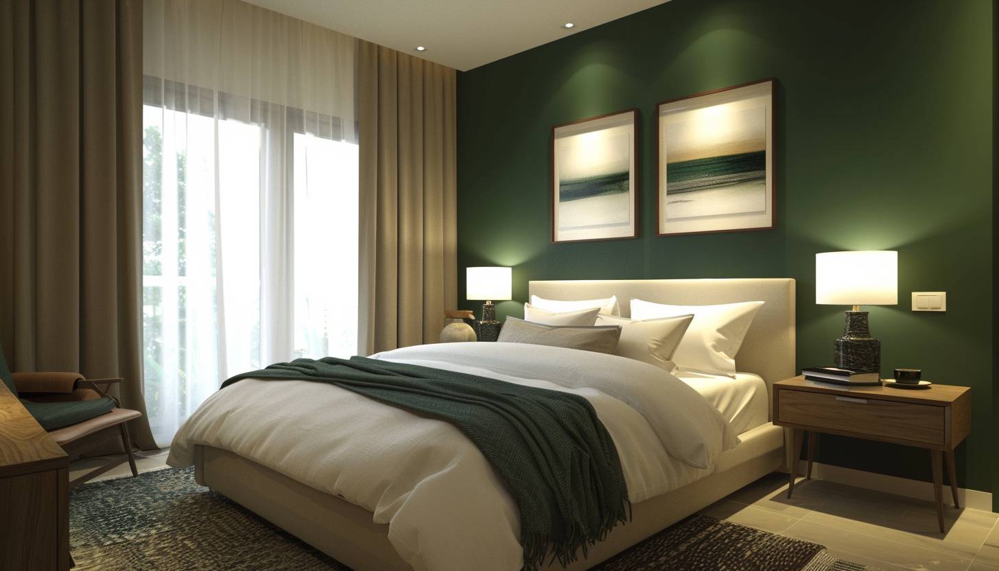 A stylish bedroom featuring a dark green accent wall, beige decor, and warm wooden furniture, creating a serene and elegant space.