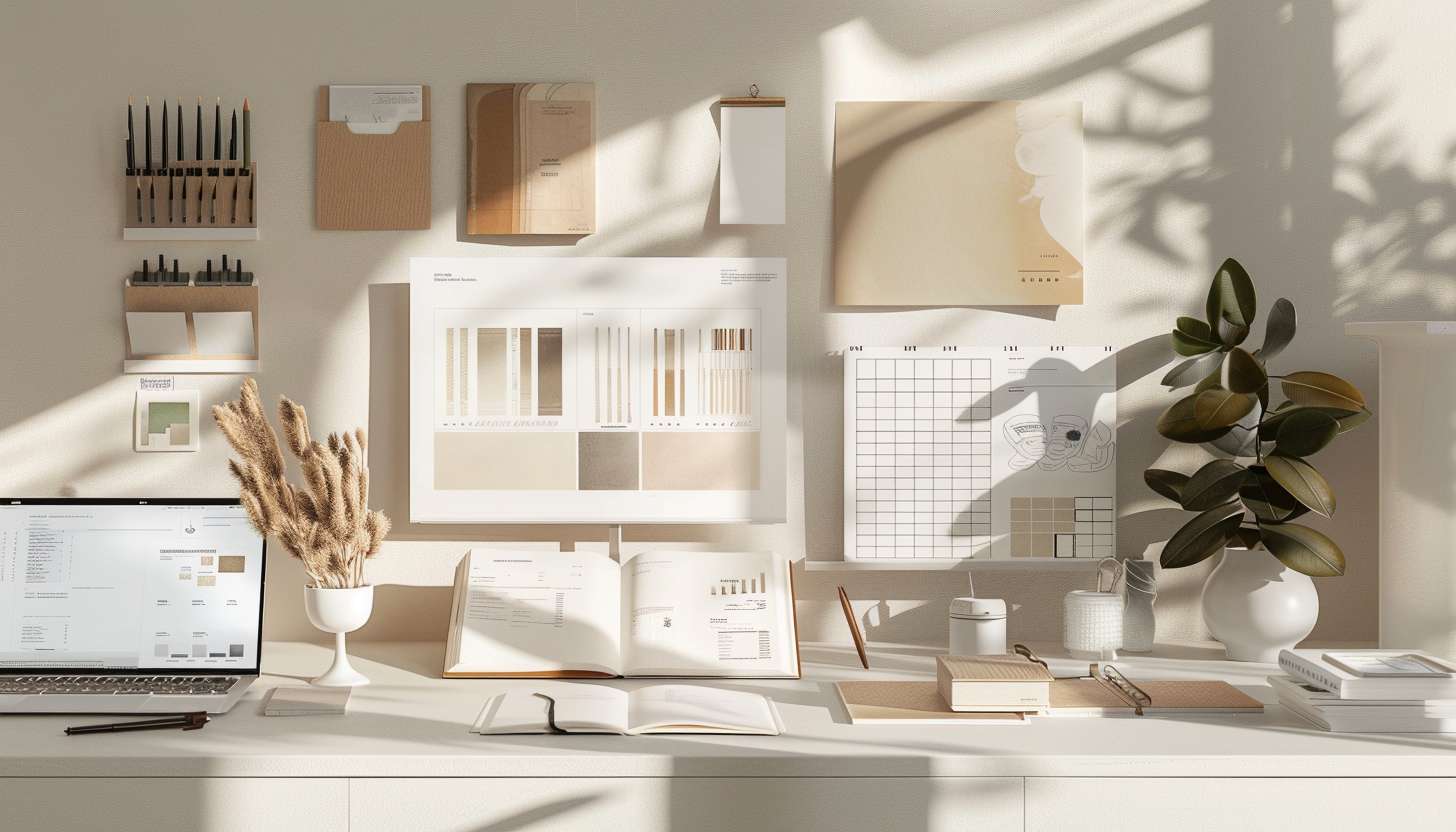 Minimalist designer workspace with sketchbook, color palette, and laptop showing a design project, lit by natural light.