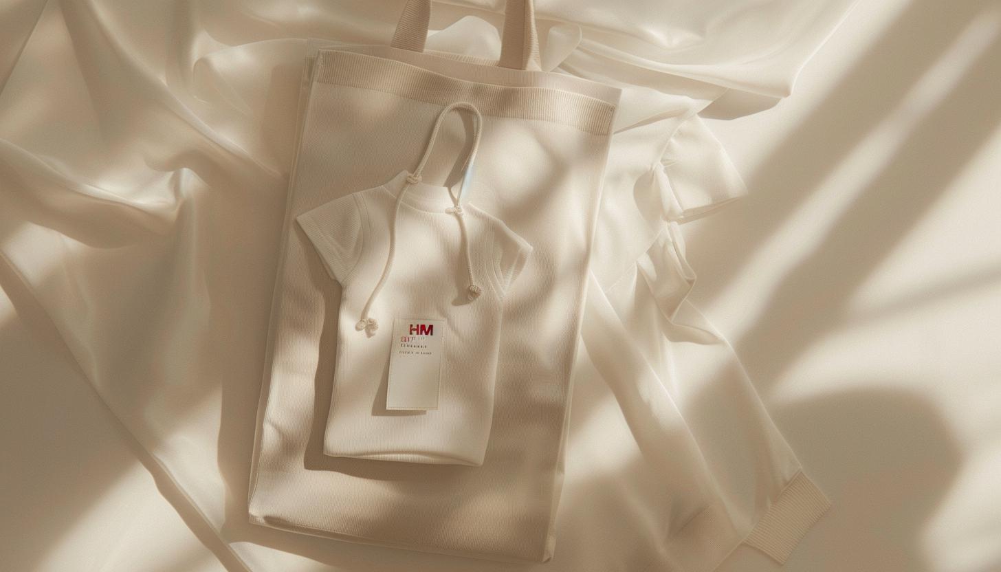 H&M shopping bag and neatly folded clothing with visible H&M tag on a soft neutral background, reflecting the brand's modern identity.