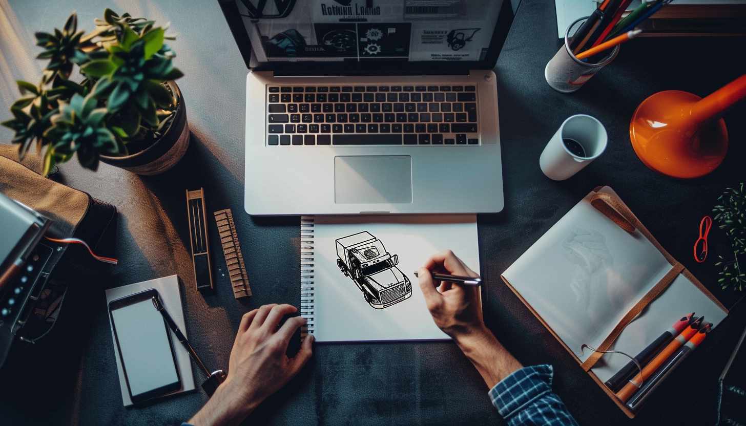 A designer sketching a trucking logo concept on a notepad, with a laptop and design tools on a clean, well-lit workspace.