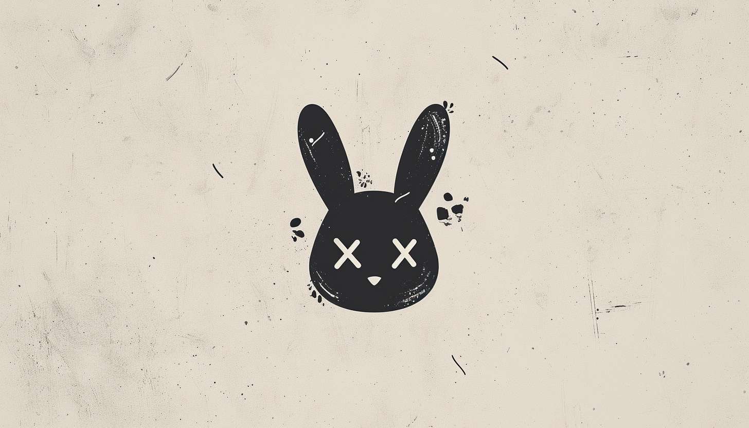 Minimalist black Bad Bunny logo with cross-eyed markings on a neutral background, symbolizing the artist's rebellious and unique identity.