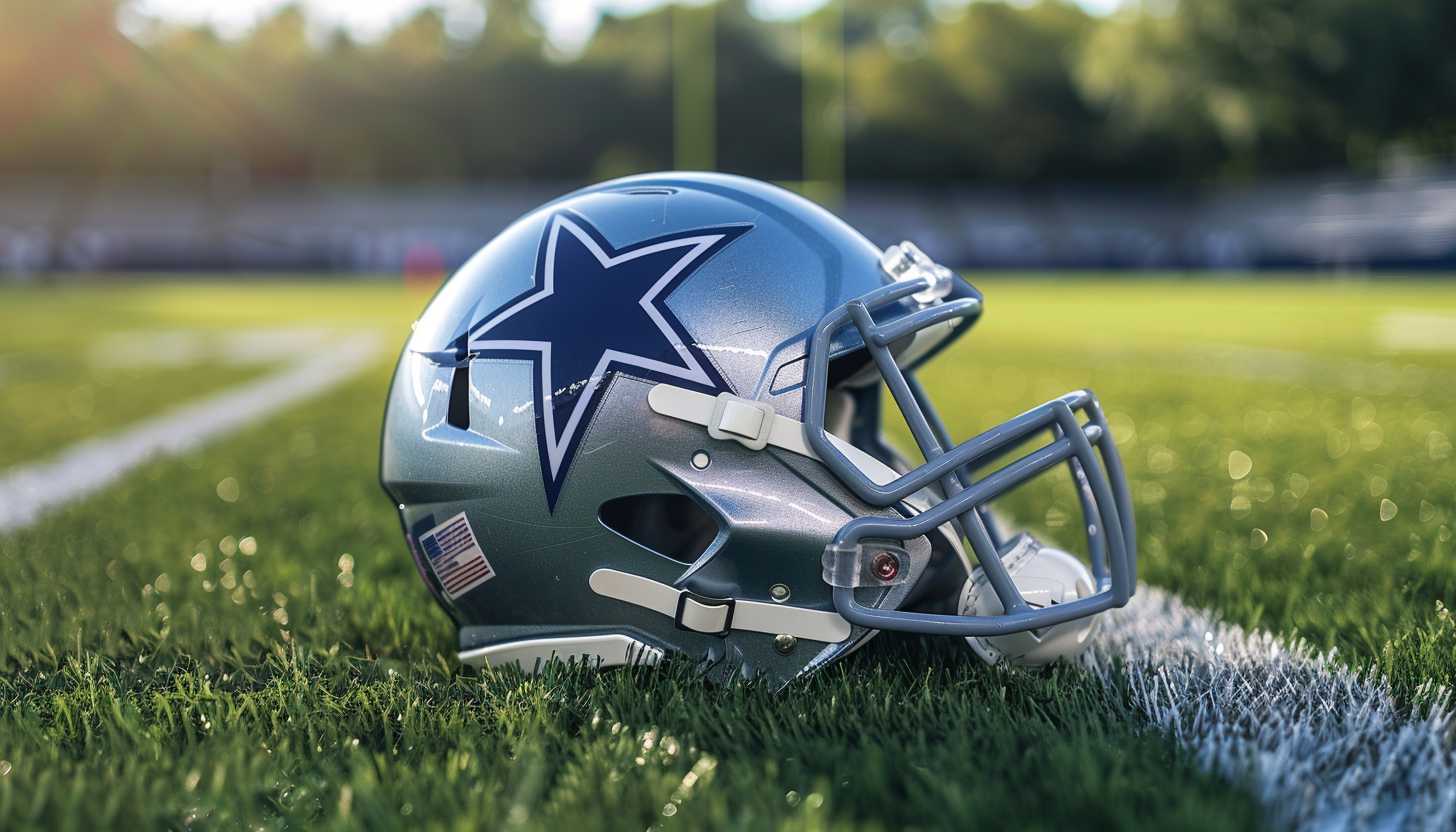 Close-up of a Dallas Cowboys helmet with the blue star logo on a football field, symbolizing the team’s legacy and pride.
