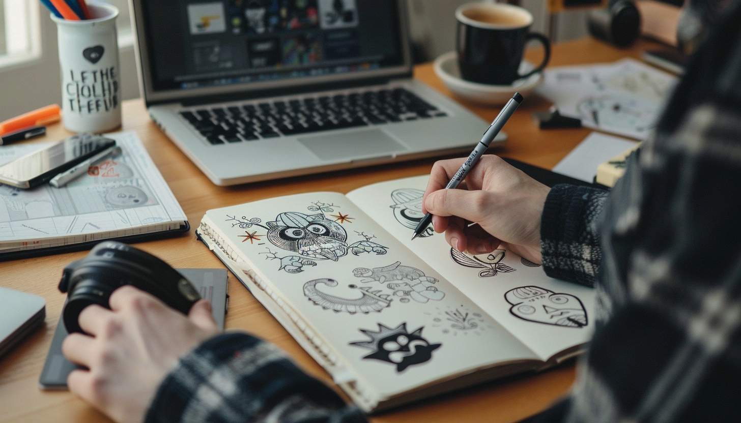 A designer's hand sketching a monster-themed logo in a modern workspace with a laptop, coffee cup, and design tools, reflecting creativity.