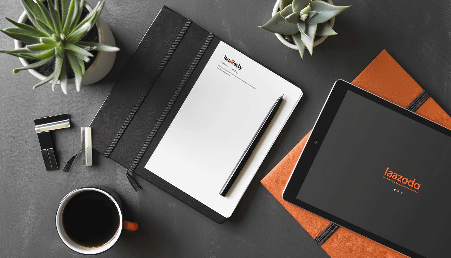 A minimalist workspace with a tablet displaying the Lazada logo, alongside a notebook and pen, symbolizing branding analysis and corporate identity.