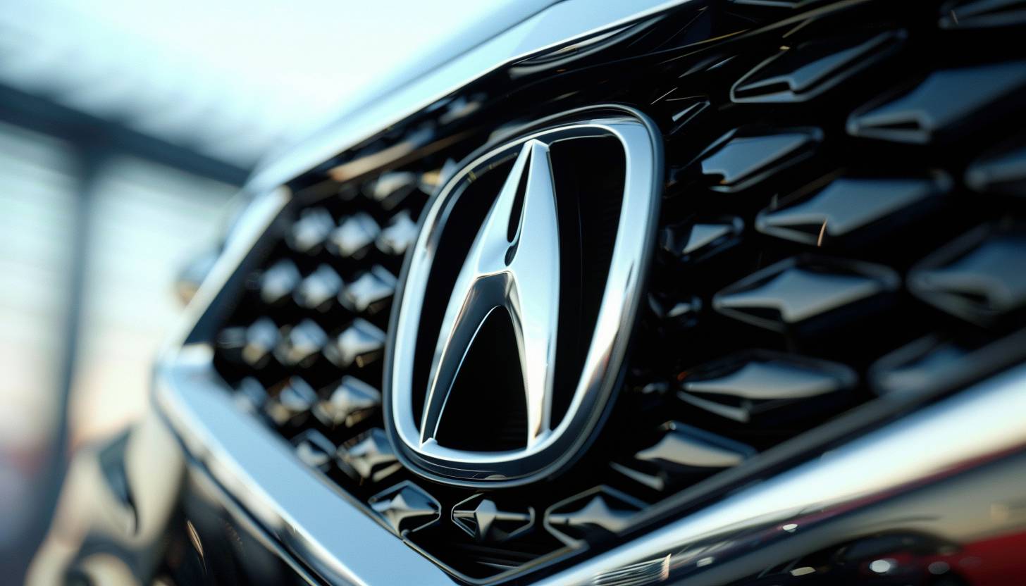 Close-up of the Acura logo on the front grille of a modern Acura vehicle, showcasing its polished, premium design with subtle light reflections.