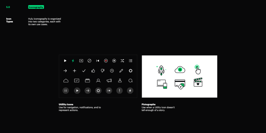 Image from the 2024 Hulu Brand Guidelines showcasing Hulu's iconography, including utility icons and pictographs. These icons enhance user navigation and maintain a cohesive design within Hulu's branding and interface.